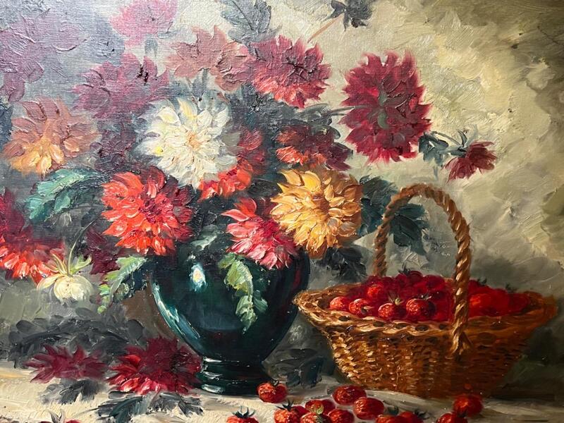 Stillife with flowers and strawberries ( oil on canvas )