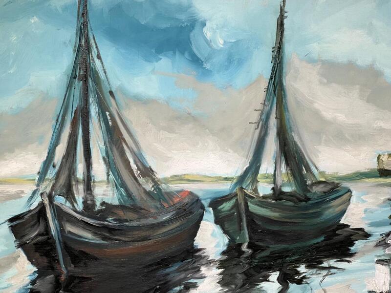 Boats in the harbour ( oil on canvas )