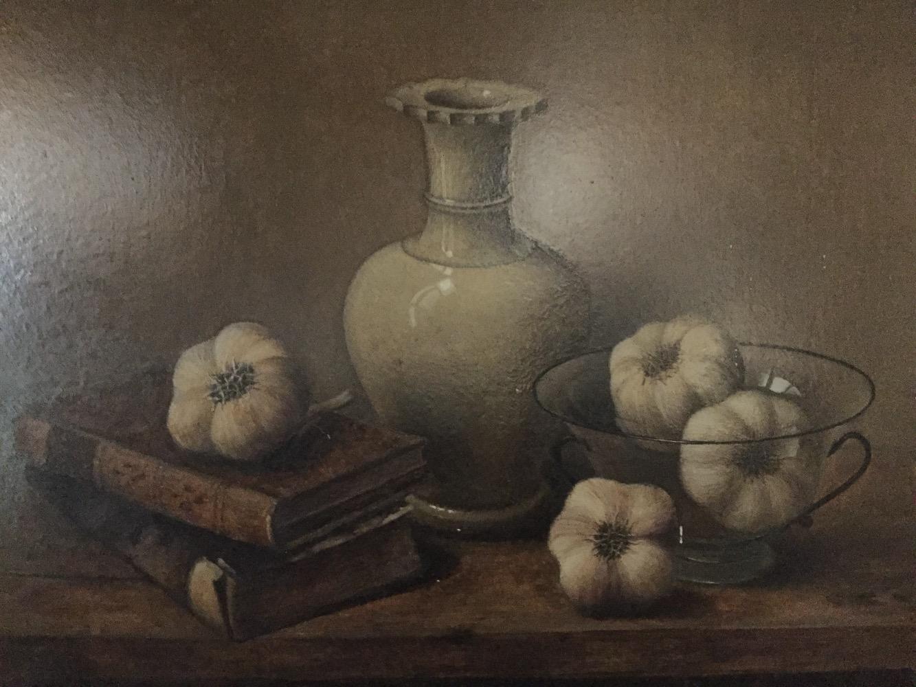 Stillife with books ,vase and garlic