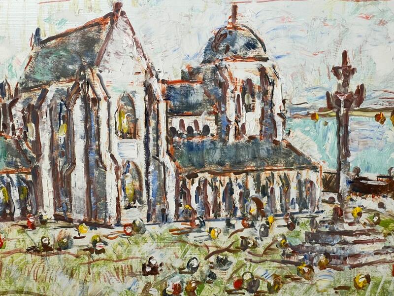 Pilgrims at the church ( oil on panel )