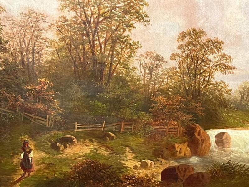 Shepherd with her sheep near the riverside ( oil on canvas )