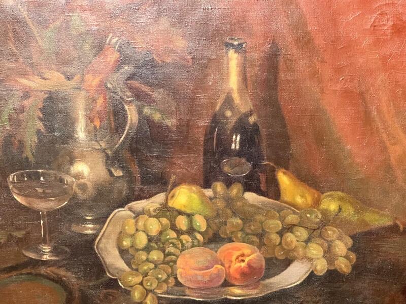 Stillife with champagne and fruit ( oil on canvas)