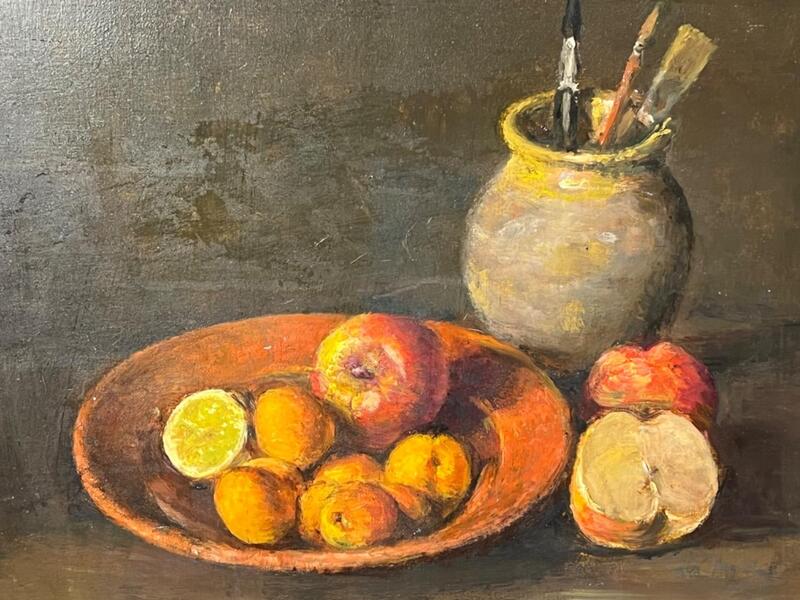 Stillife with fruit and paint brushes ( oil on panel )
