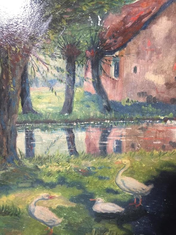 Goose family at the riverside ( oil on panel )