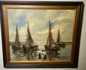 Boats in the harbour ( oil on canvas )