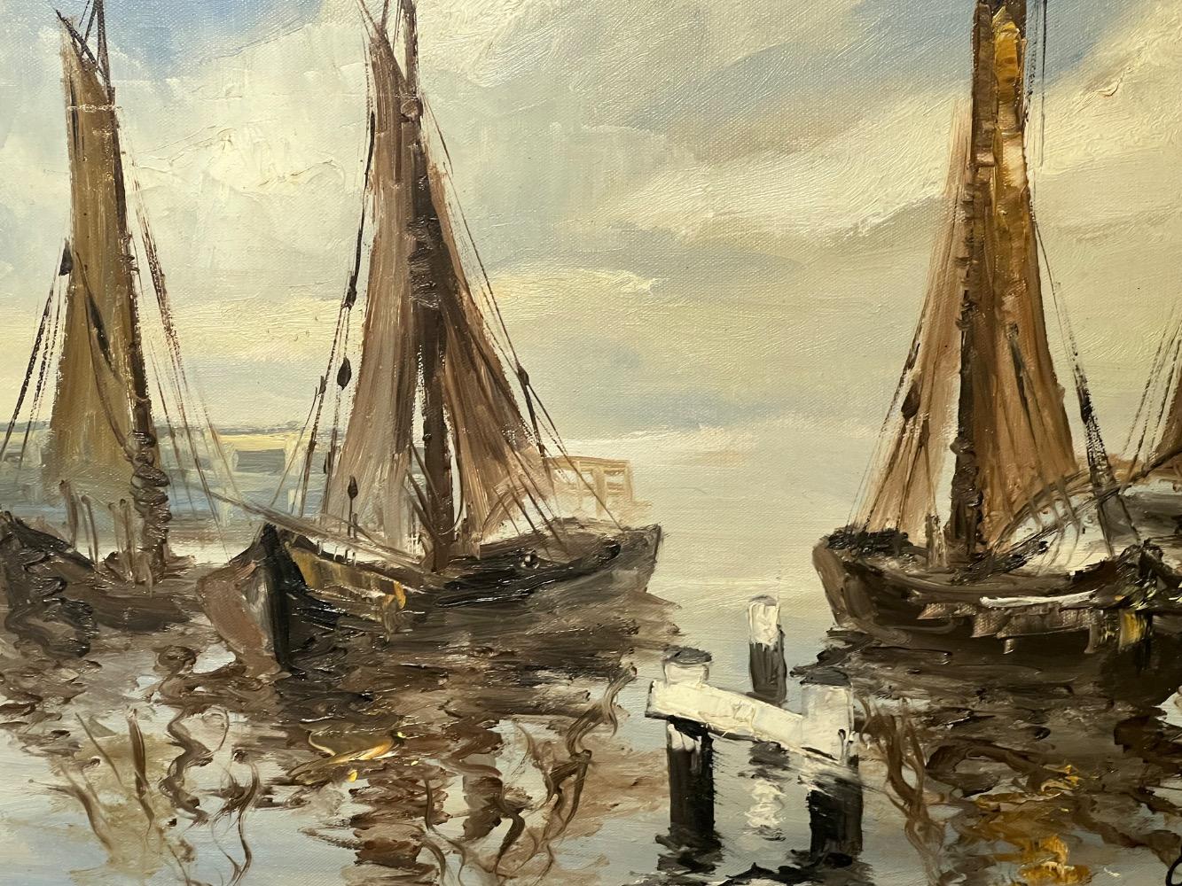 Boats in the harbour ( oil on canvas )