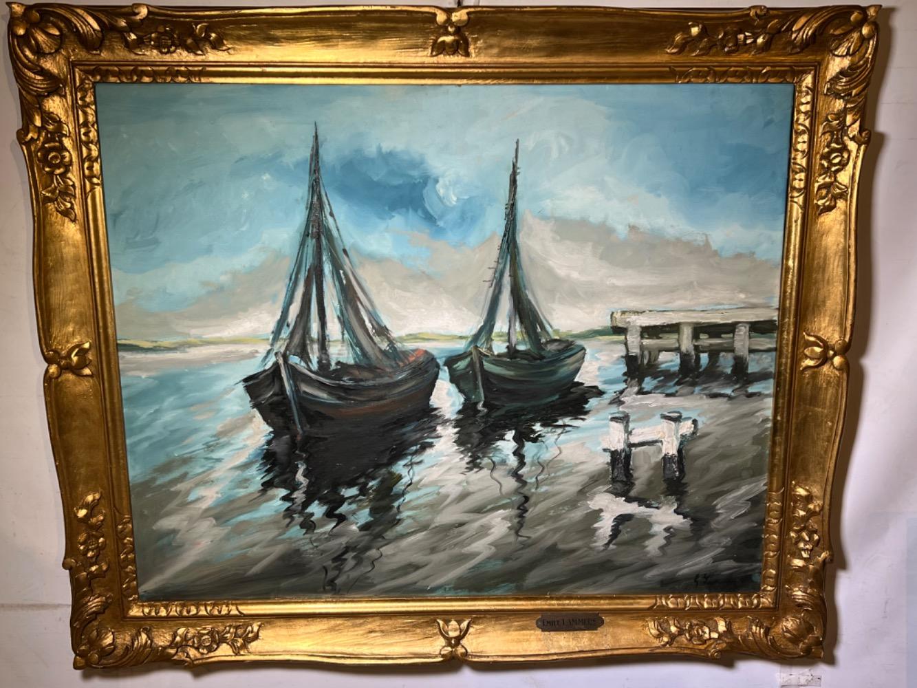 Boats in the harbour ( oil on canvas )