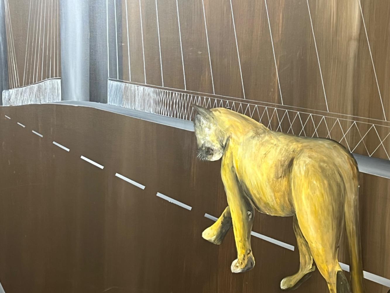 Cat walking over a bridge ( oil on canvas )