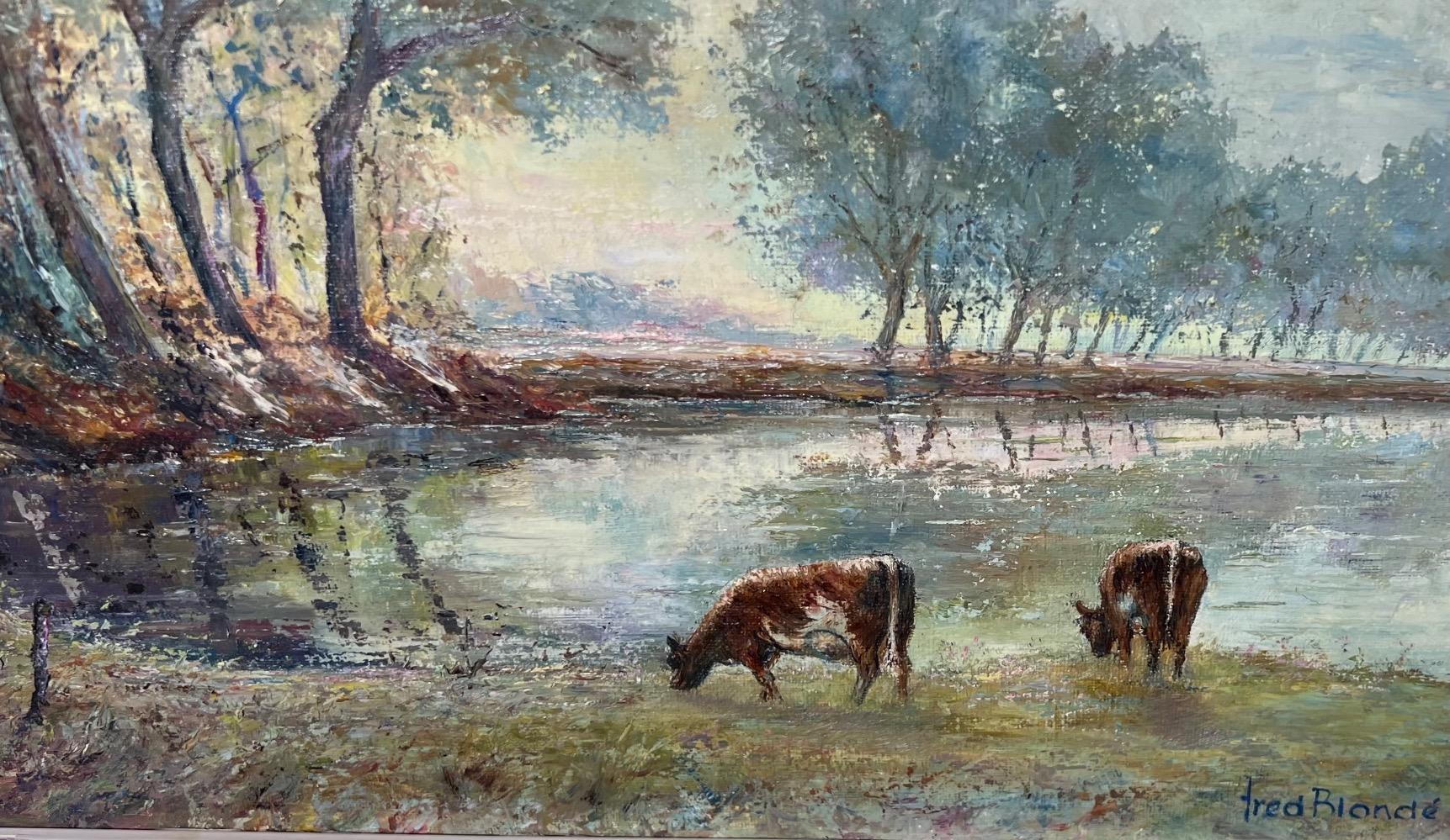 Cows at the riverside ( oil on panel )