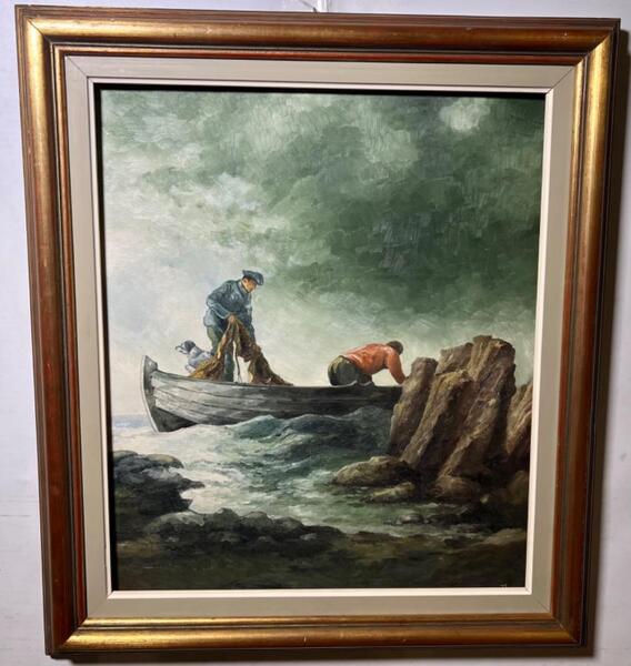 Fishermen with their dog at work ( oil on canvas on board )