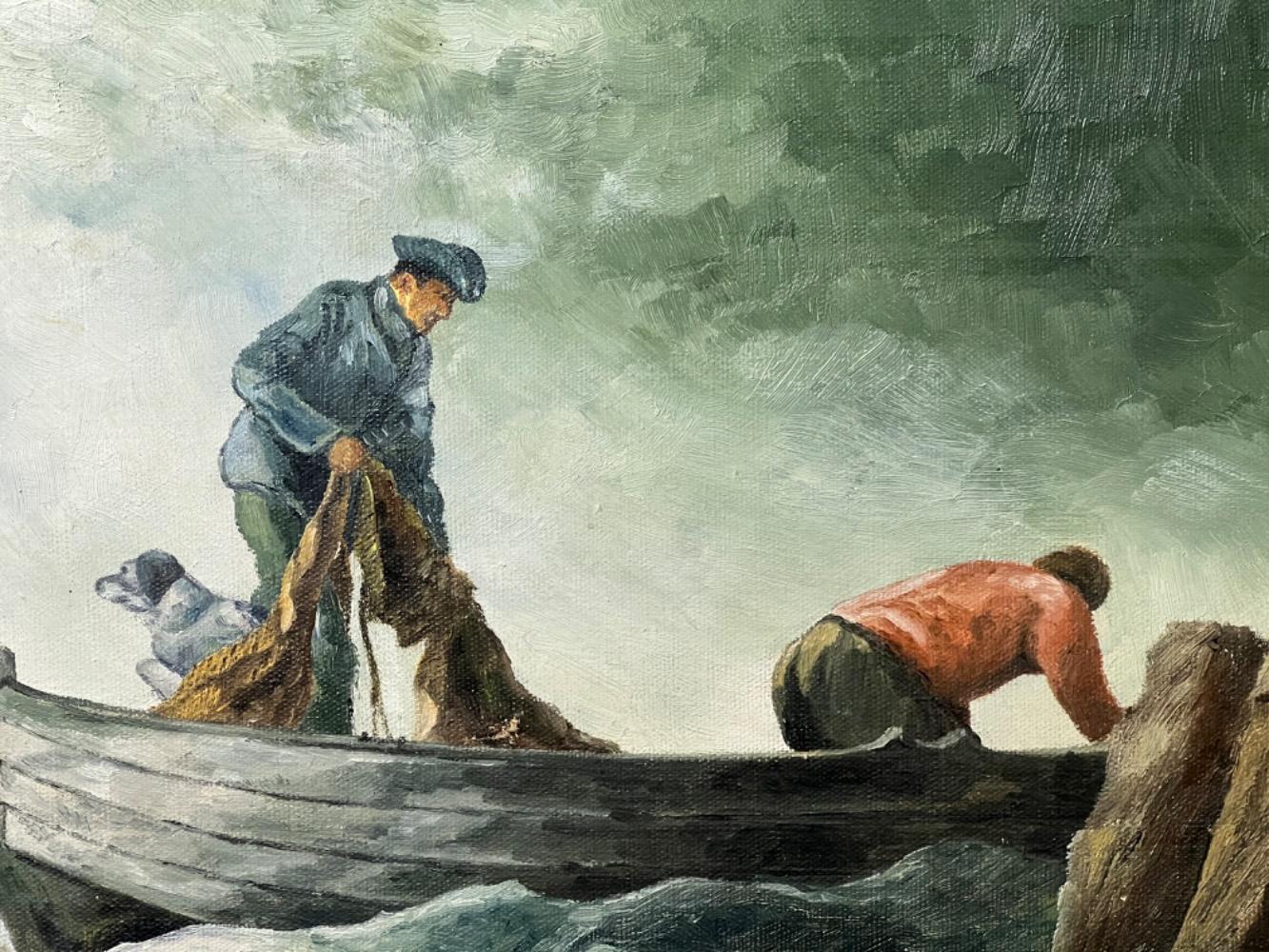 Fishermen with their dog at work ( oil on canvas on board )