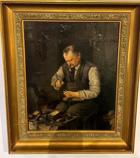 The shoemaker ( oil on canvas on panel )