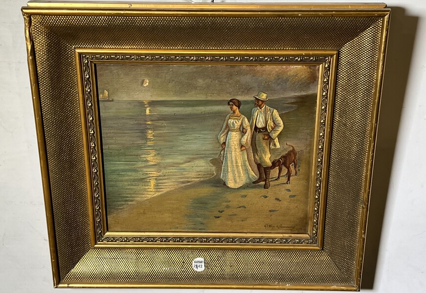 Romantic walk with the dog along the beach ( oil on panel )