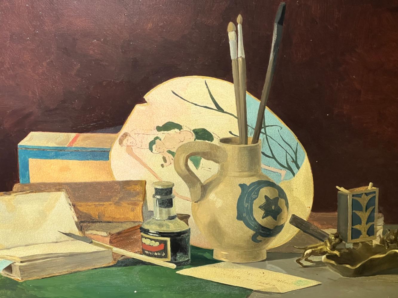 Stillife in the artist studio ( oil on panel )