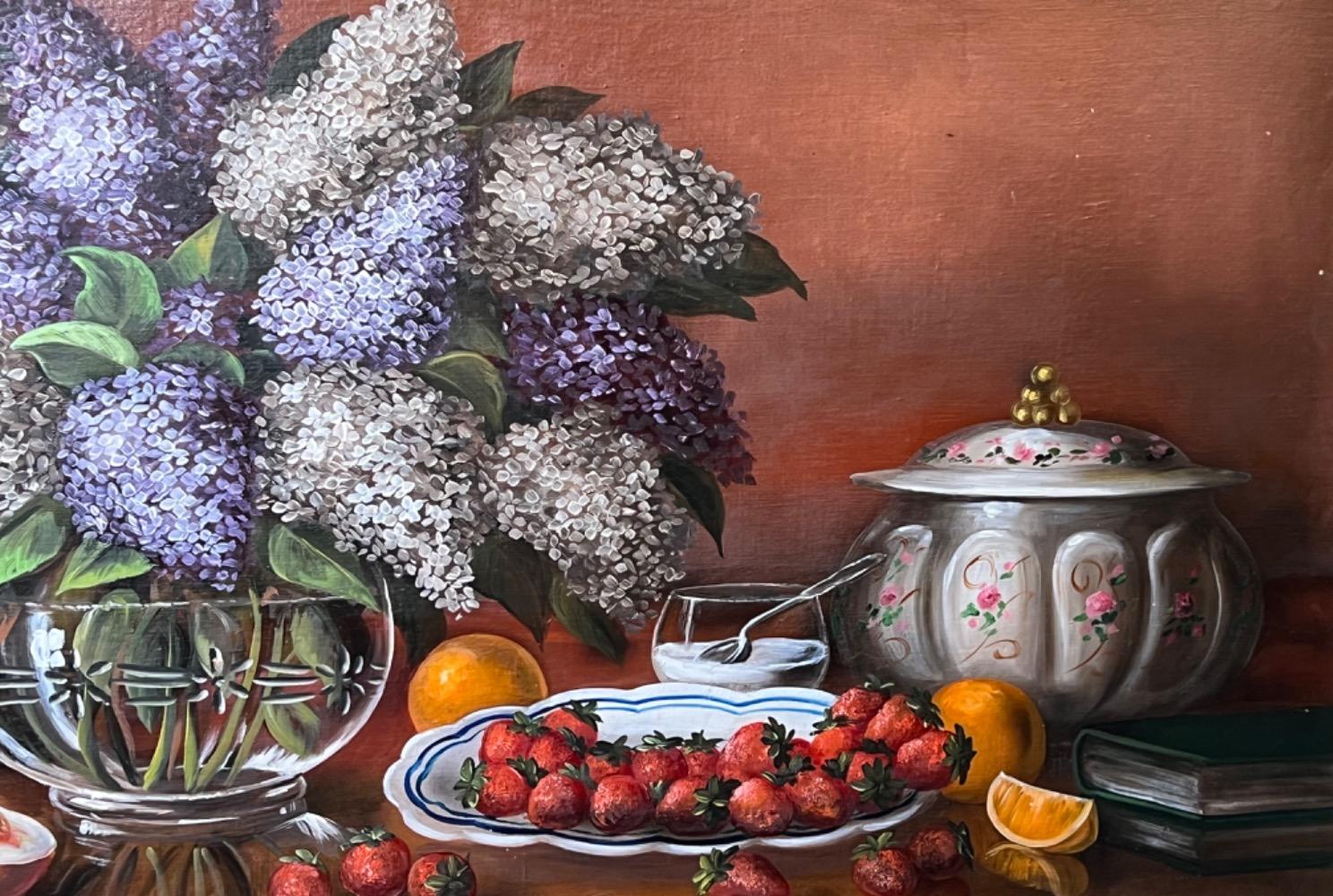 Stillife with flowers and fruit ( oil on canvas on panel )