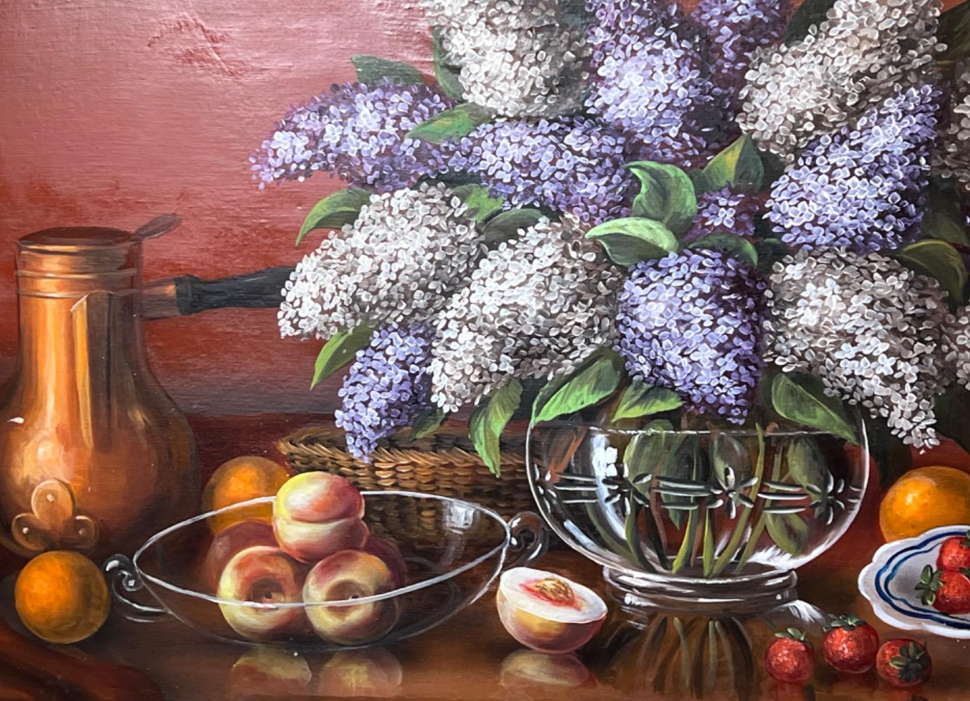 Stillife with flowers and fruit ( oil on canvas on panel )