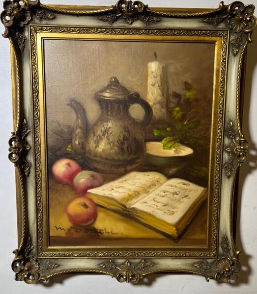 Stillife with fruit and a book ( oil on canvas )