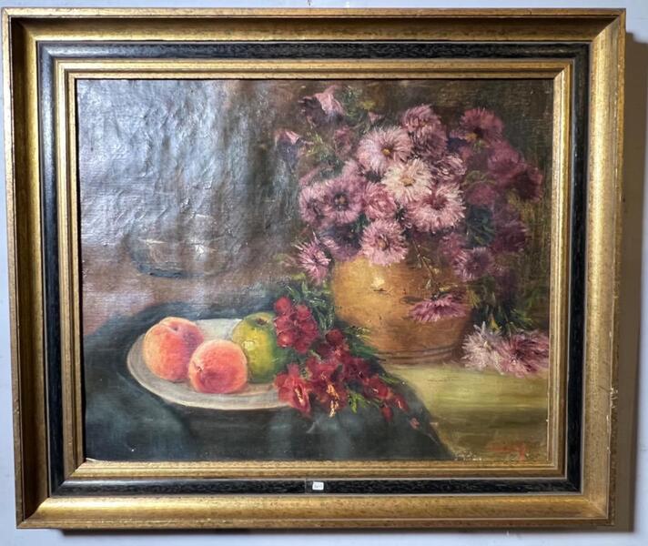 Stillife with fruit and flowers ( oil on canvas )