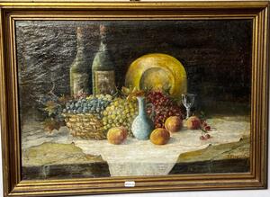 Stillife with fruit and wine ( oil on panel )