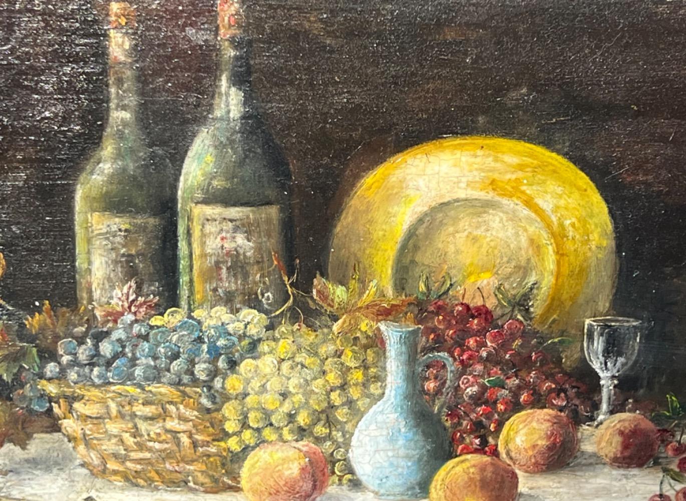 Stillife with fruit and wine ( oil on panel )