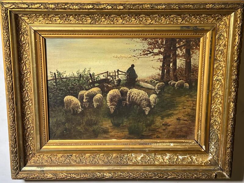 The shepherd and his sheep ( oil on canvas )