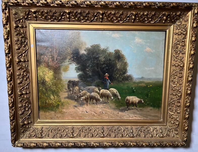 The shepherd with his sheep ( oil on canvas )