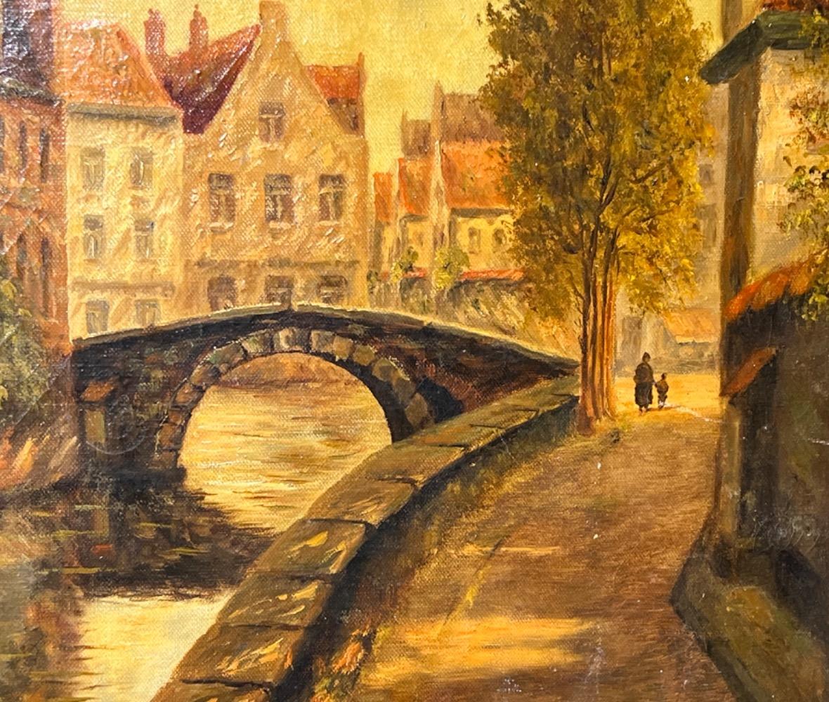 Walking along the canals in Bruges ( oil on canvas on board )